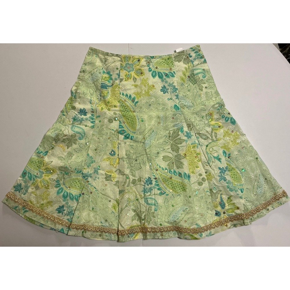 VTG Express AOP Green Paisley Floral Sequin A-Line Midi Skirt Gold Trim Sz‎ 6